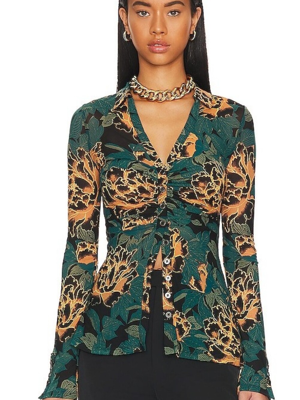 Free People Ruched Floral Button-Front Long Sleeve Top in Mustard and Sage